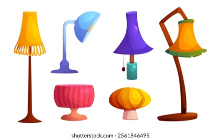 Table and floor lamp interior collection - standing fixtures with fringed shades, adjustable desk lights in blue, decorative pink sphere luminary, modern purple bell shaped illumination devices.