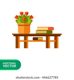 Table, flower and books