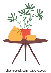 Table with flower in pot decor, kettle and cup on saucer. Vector tea ceremony symbols, home interior design. Porcelain utensils to drink coffee, morning drink