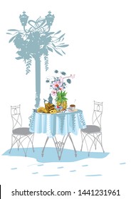 Café table with flowers and sweets, coffee. Hand drawn vector with well grouped elements.
