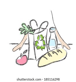 table with food and a package of sign Recycling