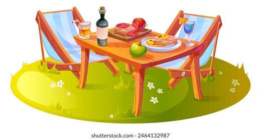 Table with food for picnic party in summer garden. Outdoor backyard patio with desk and chair landscape icon. Buffet dinner on street with sandwich and alcohol cocktail. Outside lunch isolated scene