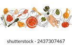 Table with food and utensils isolated on white background. Top view illustration. Vector pattern.