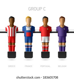Table football, foosball players. European football championship, Group C - Greece, France, Portugal, Belgium. Vector. 