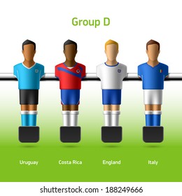 Futbolistas/futbolistas. Campeonato Mundial de Fútbol. Grupo D - Uruguay, Costa Rica, Inglaterra, Italia. Vector.