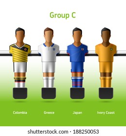 Futbolistas/futbolistas. Campeonato Mundial de Fútbol. Grupo C - Colombia, Grecia, Japón, Costa de Marfil. Vector.