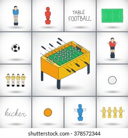 Table football icons set. Hand-drawn cartoon collection of kicker icons - player, game table, field, ball. Doodle drawing. Vector illustration