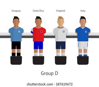 Table football, soccer players. Group D - Uruguay, Costa Rica, England, Italy. Vector illustration.