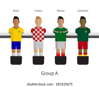 Table football, soccer players. Group A - Brazil, Croatia, Mexico, Cameroon. Vector illustration.