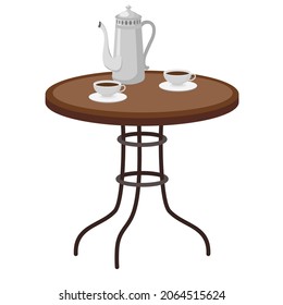 Table With Forged Legs, Coffee, Coffee Pot. Vector Clipart, White Background, Isolated.