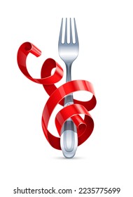 Horquilla de mesa trenzada con cinta roja alrededor. Aislado sobre fondo blanco. El concepto de menú festivo. Ilustración del vector