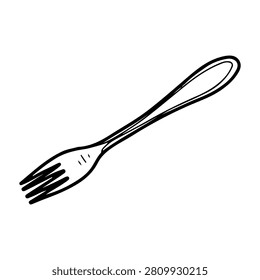 Table fork. Hand drawn vector sketch. Kitchen serving item. Restaurant tableware. Metal object. Line art illustration.