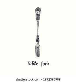Horquilla de mesa con decoración de estilo retro. Ilustración de estilo vintage de dibujos en blanco y negro con tinta