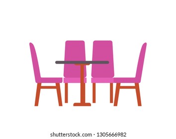 Table with four chairs isolated on white. Vector pieces of furniture for cafe, restaurant or home kitchen design. Empty desktop and seats, place for dinner