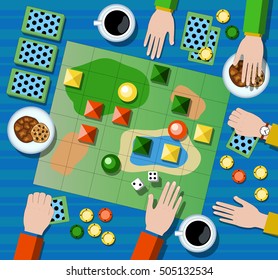 Table game flat vector illustration. Family board game with player's hands. Board game on table with map and playing cards, chips, dices. Table with coffee cups, cookies and board game. Playing arena