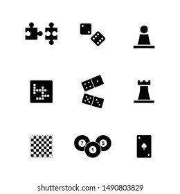 table game icon set. puzzle, dice, chess pawn, cross word, domino, chess board, lotto, poker black and isolated vector illustration