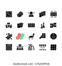 Table games black glyph icons set on white space. Amusing and educational games, entertaining pastime. Traditional fun time, party night activities silhouette symbols. Vector isolated illustrations