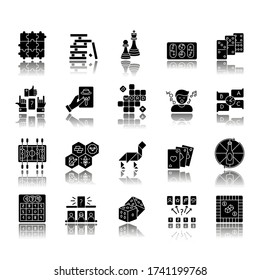 Table games drop shadow black glyph icons set. Amusing and educational games, entertaining pastime. Traditional fun time, party night activities. Isolated vector illustrations on white space