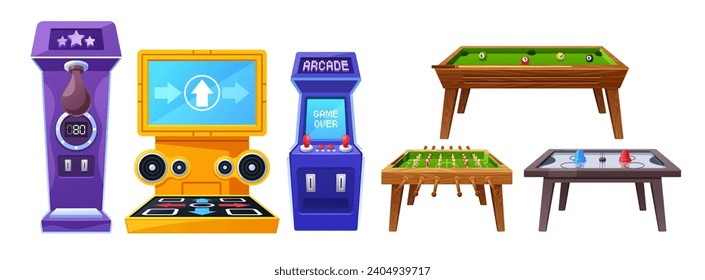 Table Games And Machines Set. Electronic Devices Designed For Entertainment, Featuring Interactive Gameplay