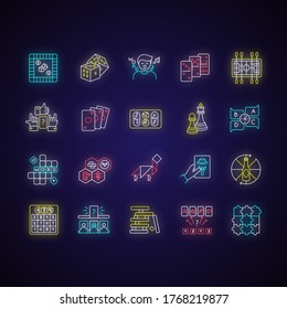Table games neon light icons set. Amusing and educational games, entertaining pastime. Fun time, party night activities signs with outer glowing effect. Vector isolated RGB color illustrations