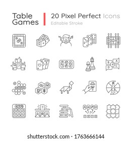 Table games pixel perfect linear icons set. Traditional fun time, party night activities customizable thin line contour symbols. Isolated vector outline illustrations. Editable stroke