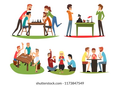 Table games set, friends playing domino and chess, a group of friends to spend time together vector Illustration