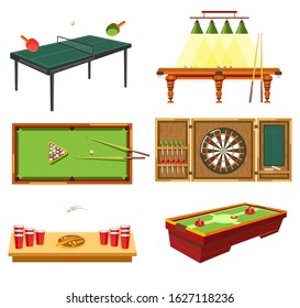 Table games set, sport equipment. Billiard or pool, cue stick, table tennis, darts game with throwers, dartboard. Beer pong, red plastic cups and air hockey kit of strikers, puck. Vector illustration.