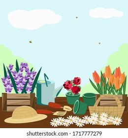 Table in the garden where plants and flowers are transplanted into flowerbeds