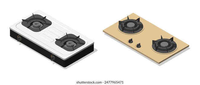 Table gas cooker and built-in stove. Home kitchen appliances. 3D isometric illustration. Isolated vector for banner, poster, presentation, infographic, website, apps, and other uses.