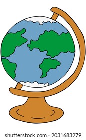 Tischglobe für Geounterricht, farbige Vektorgrafik im Doodle-Stil mit schwarzer Umrisslinie