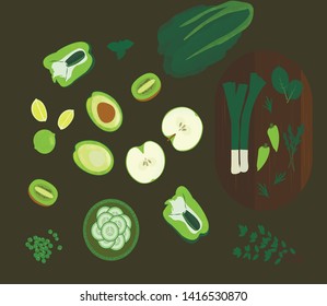 table with green vegetables and fruits and greens