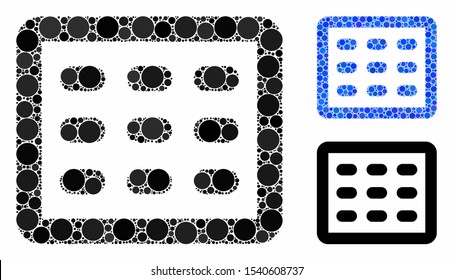 Table grid mosaic of circle elements in various sizes and shades, based on table grid icon. Vector circle elements are grouped into blue collage. Dotted table grid icon in usual and blue versions.