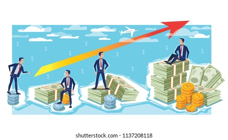 Table of growth of finance. Vector flat illustration. The concept of increasing profits. Dollars and coins are stacked. Businessmen in different poses.