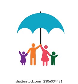 table of happy family under umbrella.insurance idea concept.