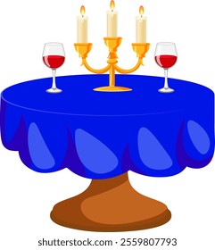 the table has a blue tablecloth, and on it there is a candlestick and two glasses of wine