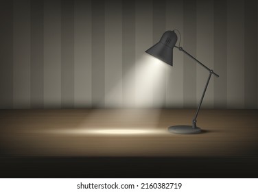 Table Home Office Lamp On Wooden Desk Lighting At Darkness Room Interior Realistic Template Vector Illustration. Modern Metallic Electricity Equipment Desktop Shiny Tool For Reading Working At Night