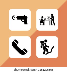 table icon. 4 table set with classroom, backpack, telephone and kid and baby vector icons for web and mobile app