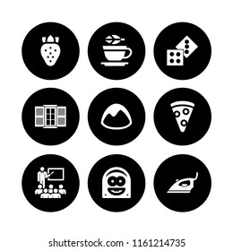 table icon. 9 table set with food and restaurant, pizza, window and two casino dices vector icons for web and mobile app