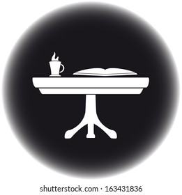 table icon with coffee cup and book silhouette