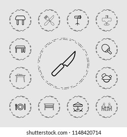 Table icon. collection of 13 table outline icons such as office desk, saw blade, ping pong racket, studio lapm, plate fork and spoon. editable table icons for web and mobile.