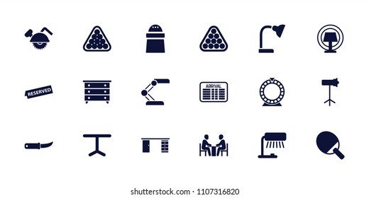 Table icon. collection of 18 table filled icons such as nightstand, billiards, pepper, gardening knife, studio lapm, reserved. editable table icons for web and mobile.