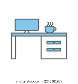 Table icon illustration with monitor computer. suitable for workplace icon. icon related to project management. Flat line icon style. Simple vector design editable