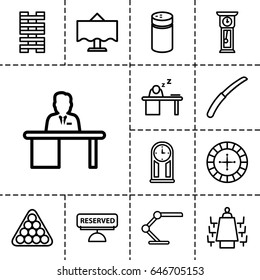 Table icon. set of 13 outline tableicons such as pepper, roulette, billiards, gardening knife, man sleeping on table, meeting, reserved, pendulum