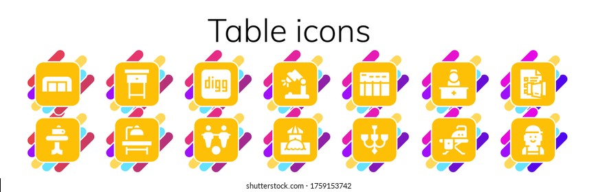 table icon set. 14 filled table icons.  Simple modern icons such as: Sofa, Table, Nightstand, Operating Digg, Foosball, Desk lamp, Bar, Data Chandelier, Reception