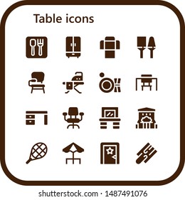 table icon set. 16 filled table icons.  Simple modern icons about  - Restaurant, Wardrobe, Sofa, Utensils, Desk chair, Ironing board, Plate, Desk, Vanity, Bar, Tennis, Terrace