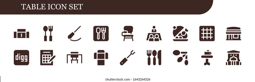 table icon set. 18 filled table icons.  Simple modern icons such as: Sofa, Cutlery, Pendulum, Restaurant, Desk chair, Meeting, Salver, Grid, Digg, Bingo, Desk, Fork, Spoons, Table