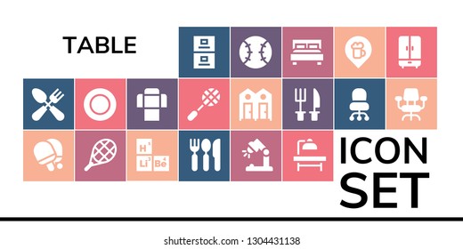 table icon set. 19 filled table icons.  Simple modern icons about  - Filing cabinet, Cutlery, Table tennis, Tennis, Periodic Desk lamp, Operating Plate, Sofa, Racket