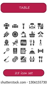 table icon set. 25 filled table icons.  Collection Of - Sofa, Fork, Terrace, Desk, Cutting board, Plate, Desk lamp, Picnic, Picnic table, Checker, Ironing board, Digg, Cutlery