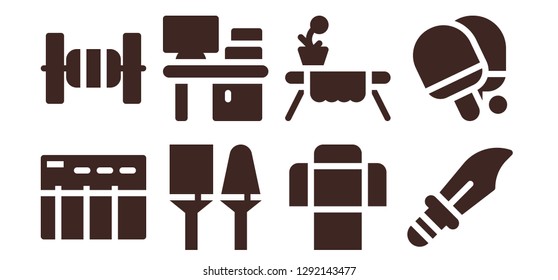  table icon set. 8 filled table icons. Simple modern icons about  - Data table, Bars, Utensils, Desk, Sofa, Table, Dagger, tennis