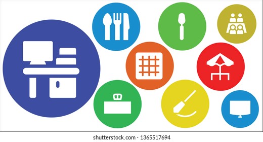 table icon set. 9 filled table icons.  Simple modern icons about  - Desk, Cutlery, Spoon, Pendulum, Grid, Terrace, Meeting, Night stand